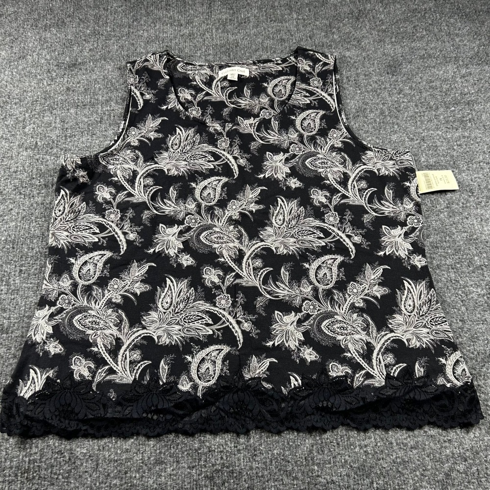 Coldwater Creek Paisley Printed Lace Tank Top Black White 1X 16W-18W NEW